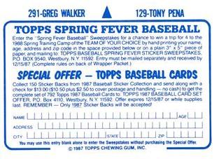 1987 Topps Stickers Hard Back Test Issue #129 / 291 Tony Pena / Greg Walker Back