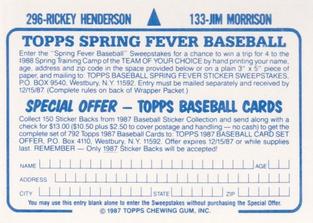 1987 Topps Stickers Hard Back Test Issue #133 / 296 Jim Morrison / Rickey Henderson Back