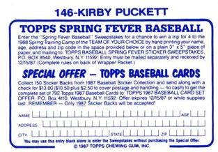 1987 Topps Stickers Hard Back Test Issue #146 Kirby Puckett Back