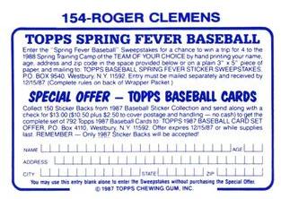 1987 Topps Stickers Hard Back Test Issue #154 Roger Clemens Back
