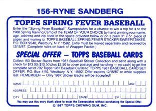 1987 Topps Stickers Hard Back Test Issue #156 Ryne Sandberg Back