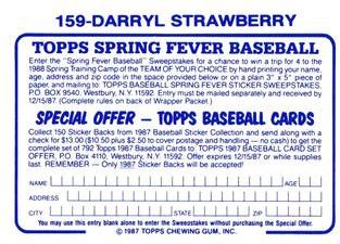 1987 Topps Stickers Hard Back Test Issue #159 Darryl Strawberry Back