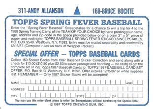 1987 Topps Stickers Hard Back Test Issue #169 / 311 Bruce Bochte / Andy Allanson Back