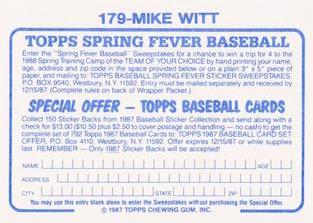 1987 Topps Stickers Hard Back Test Issue #179 Mike Witt Back