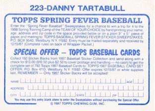 1987 Topps Stickers Hard Back Test Issue #223 Danny Tartabull Back