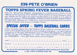 1987 Topps Stickers Hard Back Test Issue #239 Pete O'Brien Back