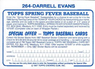 1987 Topps Stickers Hard Back Test Issue #264 Darrell Evans Back