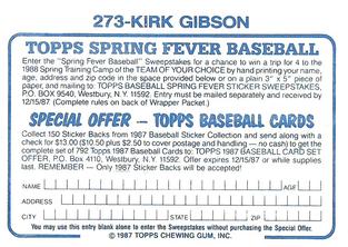 1987 Topps Stickers Hard Back Test Issue #273 Kirk Gibson Back