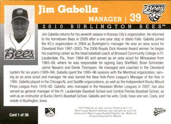 2010 MultiAd Burlington Bees #1 Jim Gabella Back
