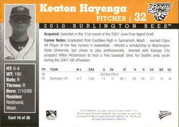 2010 MultiAd Burlington Bees #16 Keaton Hayenga Back