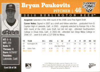 2010 MultiAd Burlington Bees #28 Bryan Paukovits Back