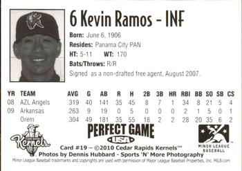 2010 Perfect Game Cedar Rapids Kernels #19 Kevin Ramos Back