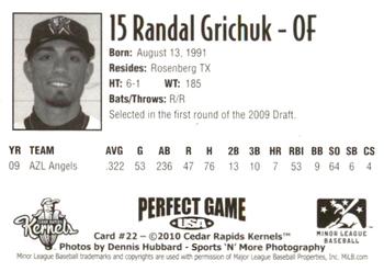 2010 Perfect Game Cedar Rapids Kernels #22 Randal Grichuk Back