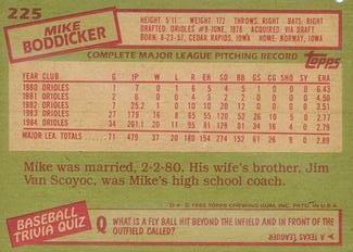 1985 Topps Mini Test Issue #225 Mike Boddicker Back