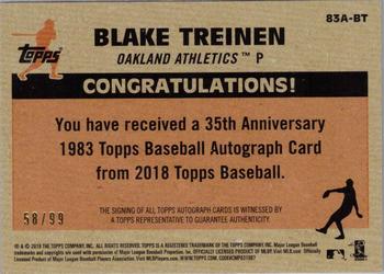2018 Topps Update - 1983 Topps Baseball 35th Anniversary Autographs Black #83A-BT Blake Treinen Back