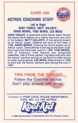 1986 Kool-Aid Houston Astros #26 Yogi Berra / Matt Galante / Dennis Menke / Les Moss / Gene Tenace Back