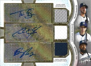 2018 Topps Triple Threads - Autograph Relic Combos #ARC-TCE Eric Thames / Travis Shaw / Christian Yelich Front