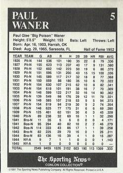 1991 Conlon Collection TSN - No MLB Logo #5 Paul Waner Back