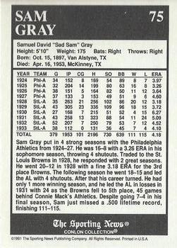 1991 Conlon Collection TSN - No MLB Logo #75 Sam Gray Back