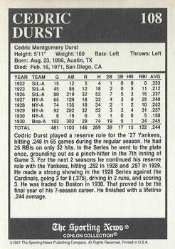 1991 Conlon Collection TSN - No MLB Logo #108 Cedric Durst Back