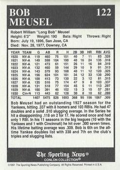 1991 Conlon Collection TSN - No MLB Logo #122 Bob Meusel Back
