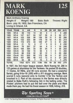1991 Conlon Collection TSN - No MLB Logo #125 Mark Koenig Back