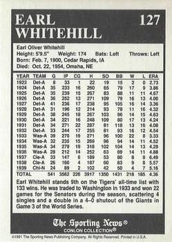 1991 Conlon Collection TSN - No MLB Logo #127 Earl Whitehill Back