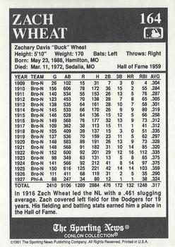 1991 Conlon Collection TSN - No MLB Logo #164 Zack Wheat Back