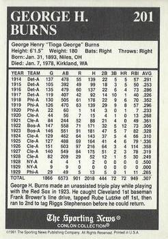 1991 Conlon Collection TSN - No MLB Logo #201 George H. Burns Back