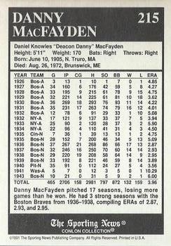1991 Conlon Collection TSN - No MLB Logo #215 Danny MacFayden Back