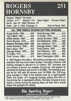 1991 Conlon Collection TSN - No MLB Logo #251 Rogers Hornsby Back