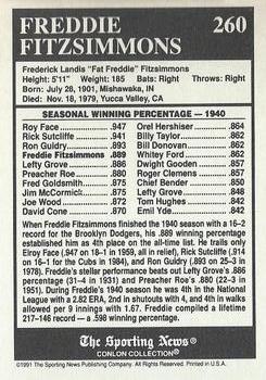 1991 Conlon Collection TSN - No MLB Logo #260 Freddie Fitzsimmons Back