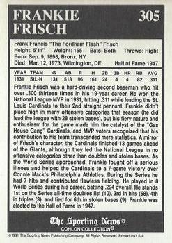 1991 Conlon Collection TSN - No MLB Logo #305 Frankie Frisch Back