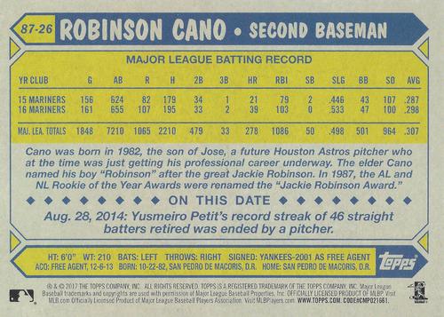 2017 Topps 1987 Topps Baseball 30th Anniversary 5x7 #87-26 Robinson Cano Back