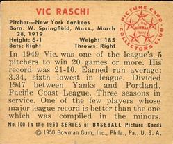 1950 Bowman #100 Vic Raschi Back
