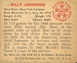 1950 Bowman #102 Billy Johnson Back