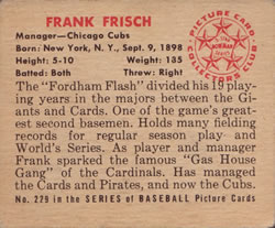 1950 Bowman #229 Frank Frisch Back