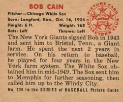 1950 Bowman #236 Bob Cain Back