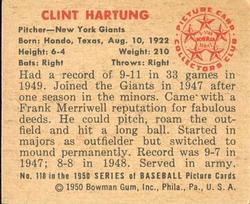 1950 Bowman #118 Clint Hartung Back