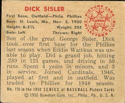1950 Bowman #119 Dick Sisler Back