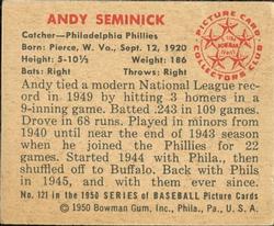1950 Bowman #121 Andy Seminick Back