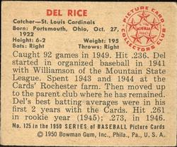 1950 Bowman #125 Del Rice Back