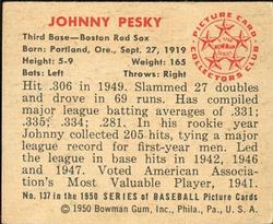1950 Bowman #137 Johnny Pesky Back