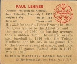 1950 Bowman #158 Paul Lehner Back