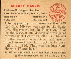 1950 Bowman #160 Mickey Harris Back