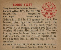 1950 Bowman #162 Eddie Yost Back