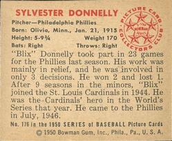1950 Bowman #176 Sylvester Donnelly Back