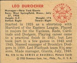 1950 Bowman #220 Leo Durocher Back