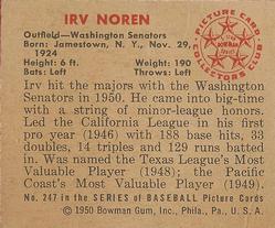 1950 Bowman #247 Irv Noren Back