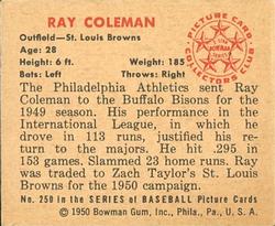 1950 Bowman #250 Ray Coleman Back